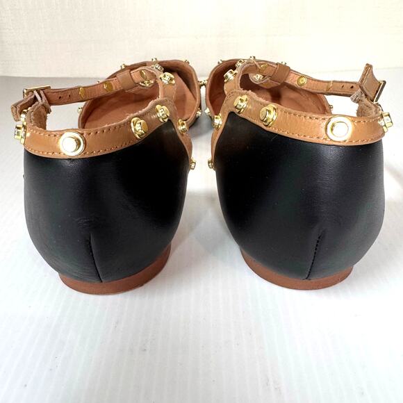 HALOGEN Olson Flats Women's 9.5 Studded T-Strap Black Gold Leather Edgy Workwear - Picture 7 of 10